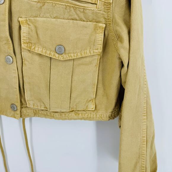 Zara Cropped Utility Barn Jacket Tan Corduroy Contrast Collar Drawstring Hem XS - Picture 6 of 7